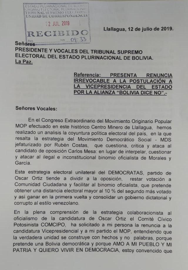 Renuncia el candidato a la Vicepresidencia por Bolivia Dice No - La Razón