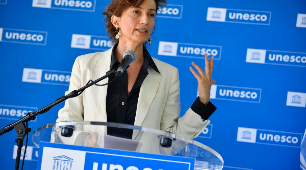 Audrey Azoulay, directora general de la UNESCO, habla sobre cultura durante un acto público el 13 de junio de 2022 en París. Foto: AFP.