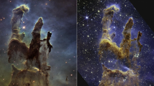 Una comparación de instantáneas tomadas por los telescopios espaciales Hubble (izquierda) y James Webb (derecha) de los Pilares de la Creación, a 6.500 años luz de la Tierra. Foto: NASA.