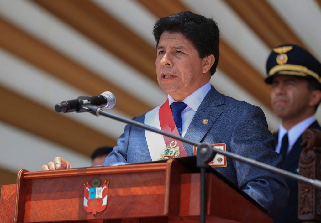 El presidente de Perú, Pedro Castillo, en su mensaje a la nación de este miércoles. Foto: AFP