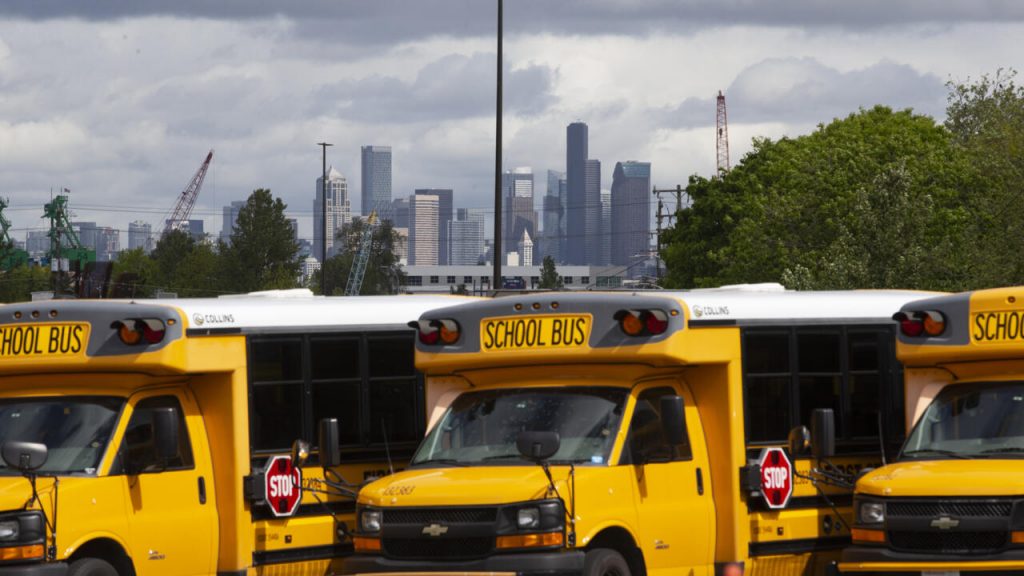 Unos autobuses escolares, aparcados en Seattle (Washington, EEUU) el 6 de mayo de 2020. Foto: AFP.