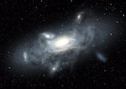 Esta imagen muestra una impresión artística de nuestra Vía Láctea en su juventud. Cinco pequeñas galaxias satélite, de diversos tipos y tamaños, están en proceso de acreción a la Vía Láctea. Foto: Europa Press.