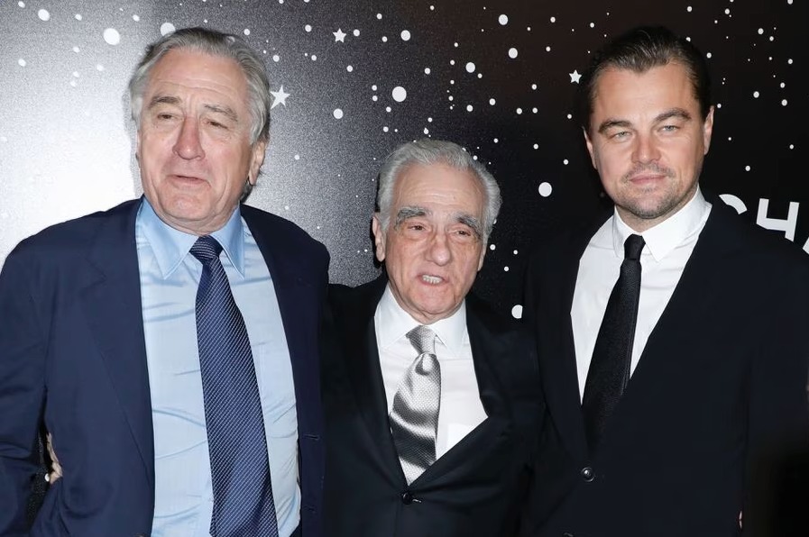 Robert de Niro, Martin Scorsese y Leonardo DiCaprio, reunidos antes de la presentación de su filme en Cannes. Foto: AFP