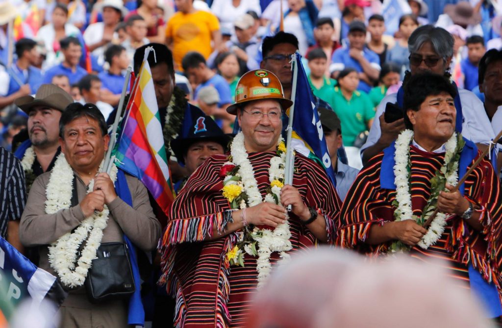 David Choquehuanca, Evo Morales y Luis Arce, en el aniversario del MAS, en marzo de 2023.