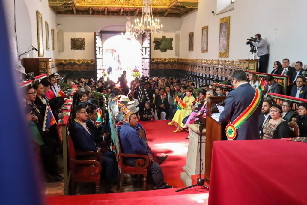 El mensaje del presidente Luis Arce en la Casa de la Libertad, en Sucre, este domingo.