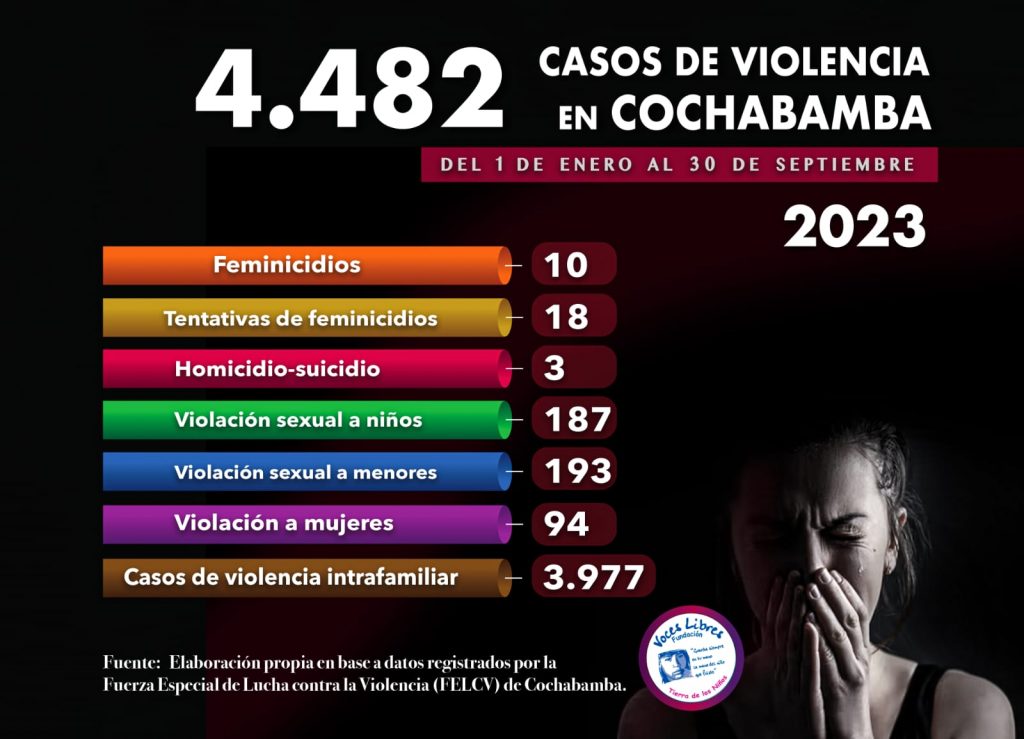 Cochabamba registra 4.482 denuncias de violencia; 18 son tentativas de feminicidio.