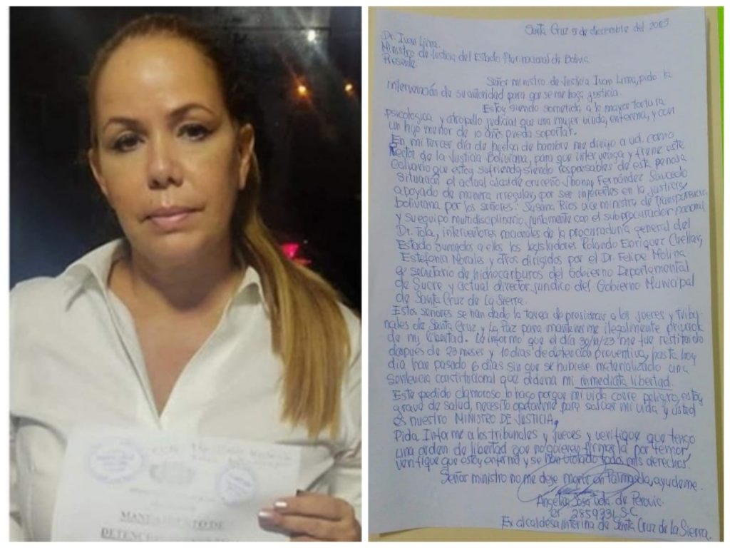 La exalcaldesa Angélica Sosa le envió una carta al ministro de Justicia, Iván Lima, para que intervenga en su caso.