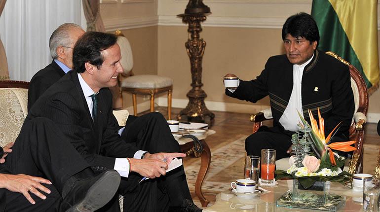 Los expresidentes Jorge Quiroga y Evo Morales en la campaña judiciales contra Chile, en 2017.