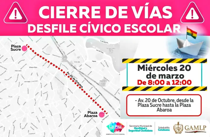 La Alcaldía de La Paz anuncia el cierre de vías por desfiles por el Día del Mar.
