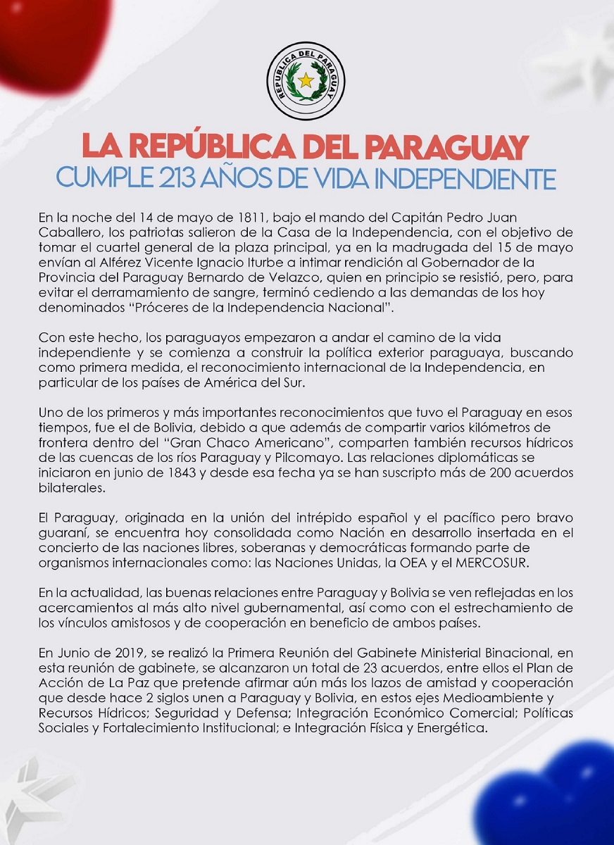 LA REPÚBLICA DEL PARAGUAY CUMPLE 213 AÑOS DE VIDA INDEPENDIENTE